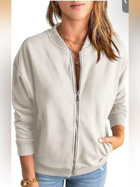 Zip-Front Bomber Jacket. Cream. Size Medium. NWOT.